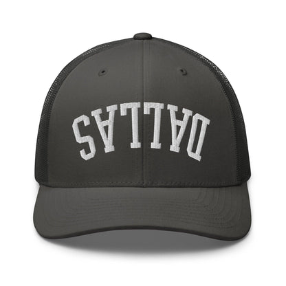 Upside Down Dallas Varsity Letterman Embroidered Mesh Trucker Hat - Charcoal