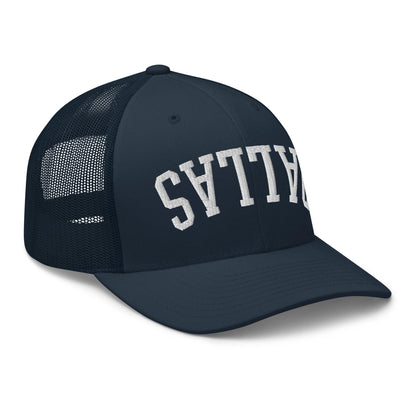 Upside Down Dallas Varsity Letterman Embroidered Mesh Trucker Hat