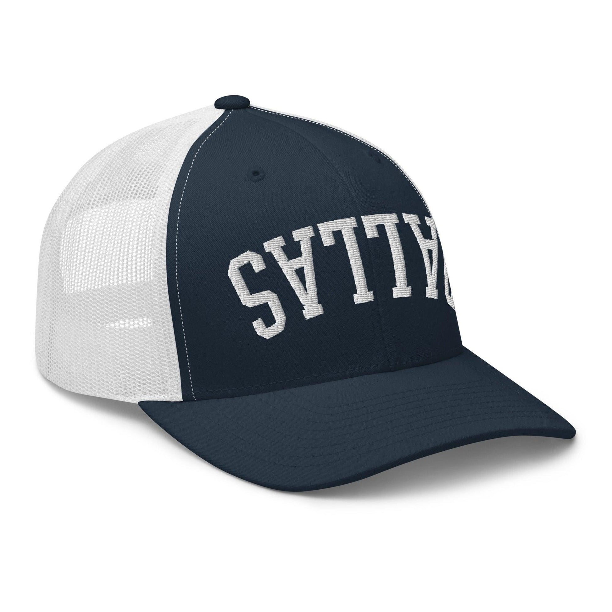 Upside Down Dallas Varsity Letterman Embroidered Mesh Trucker Hat