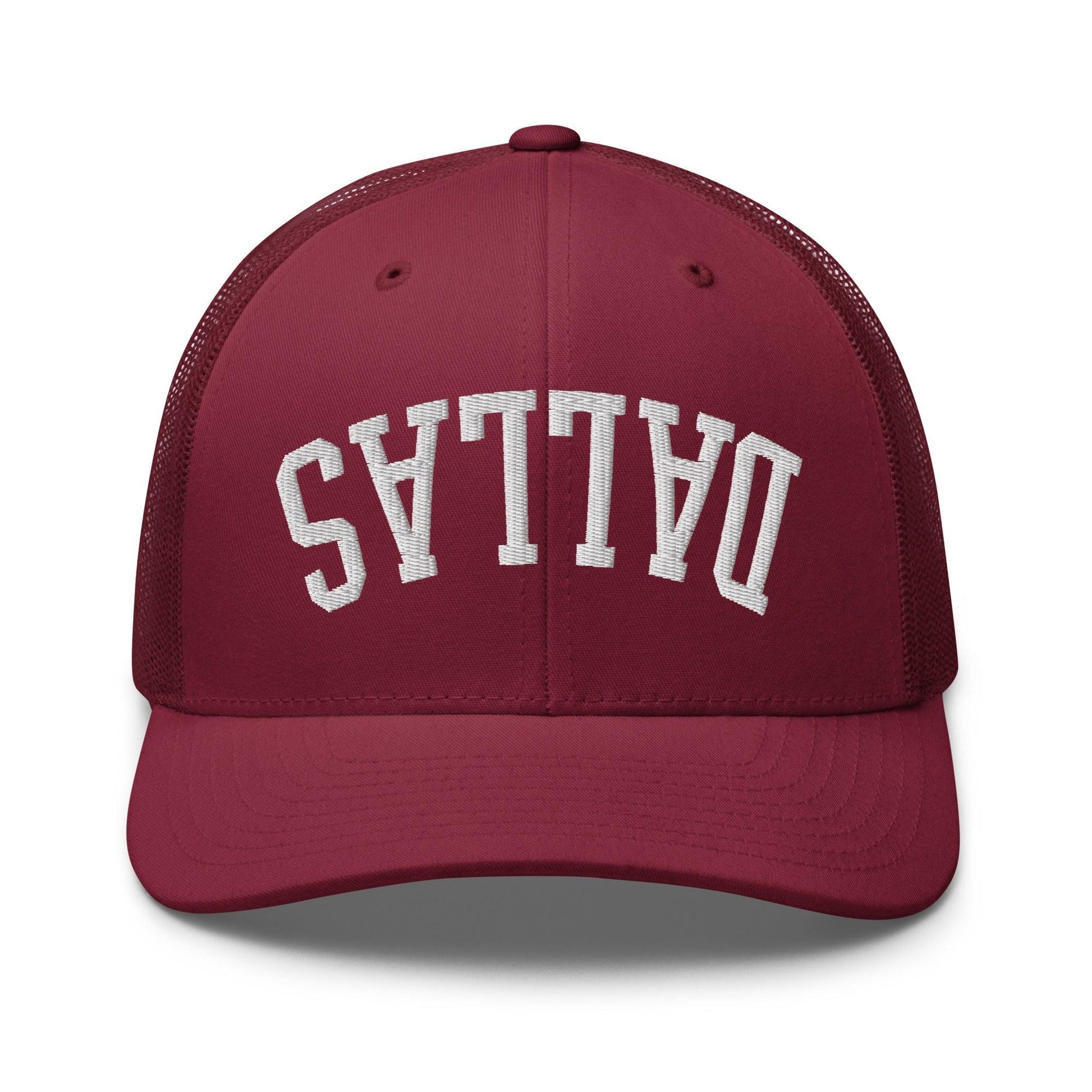 Upside Down Dallas Varsity Letterman Embroidered Mesh Trucker Hat - Cranberry