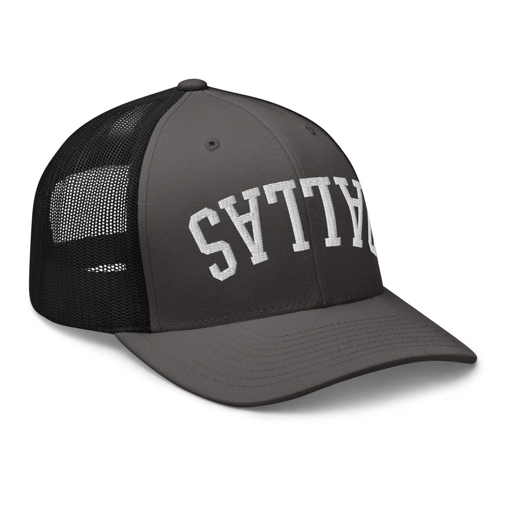 Upside Down Dallas Varsity Letterman Embroidered Mesh Trucker Hat