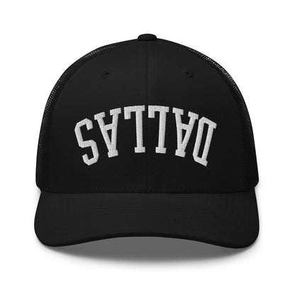Upside Down Dallas Varsity Letterman Embroidered Mesh Trucker Hat - Black