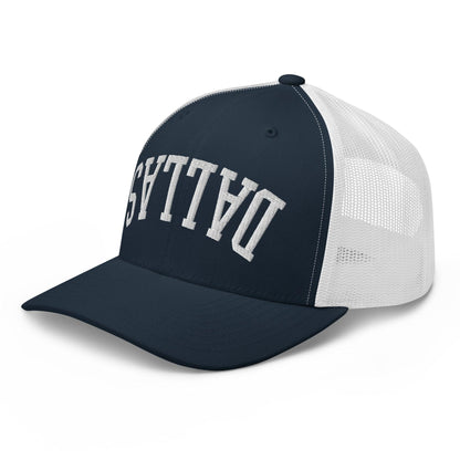 Upside Down Dallas Varsity Letterman Embroidered Mesh Trucker Hat