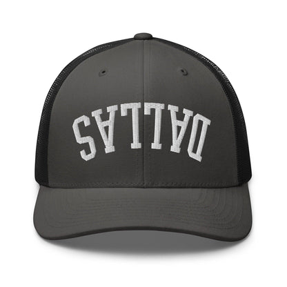 Upside Down Dallas Varsity Letterman Embroidered Mesh Trucker Hat - Charcoal/ Black