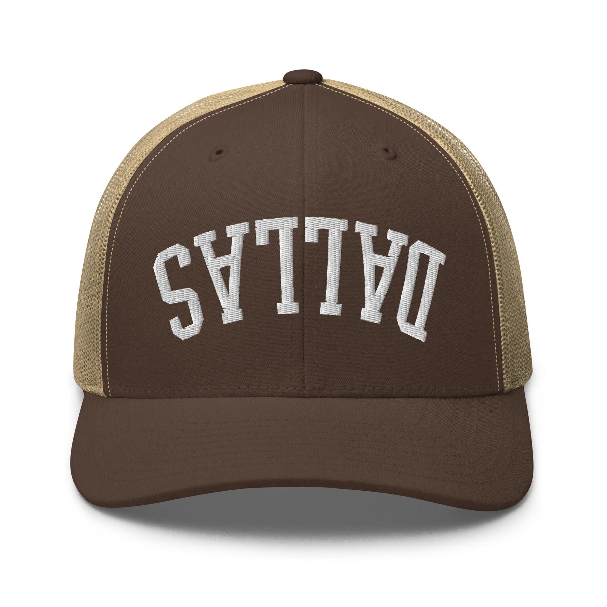 Upside Down Dallas Varsity Letterman Embroidered Mesh Trucker Hat - Brown/ Khaki