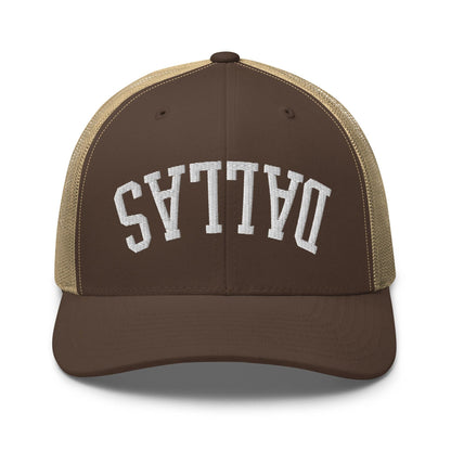Upside Down Dallas Varsity Letterman Embroidered Mesh Trucker Hat - Brown/ Khaki