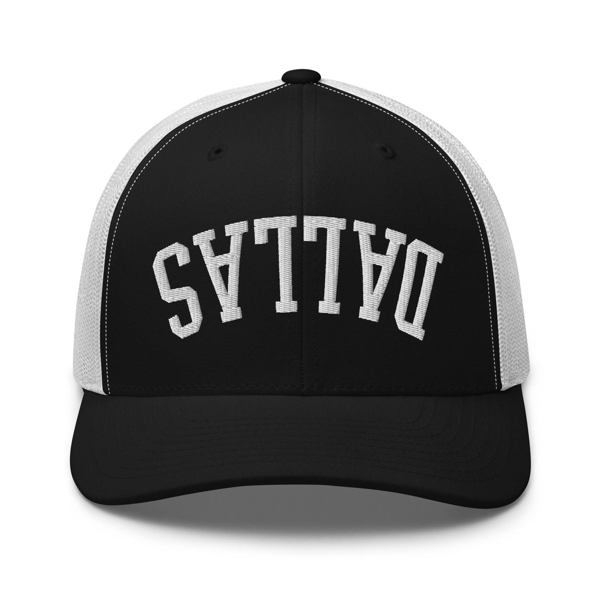 Upside Down Dallas Varsity Letterman Embroidered Mesh Trucker Hat - Black/ White