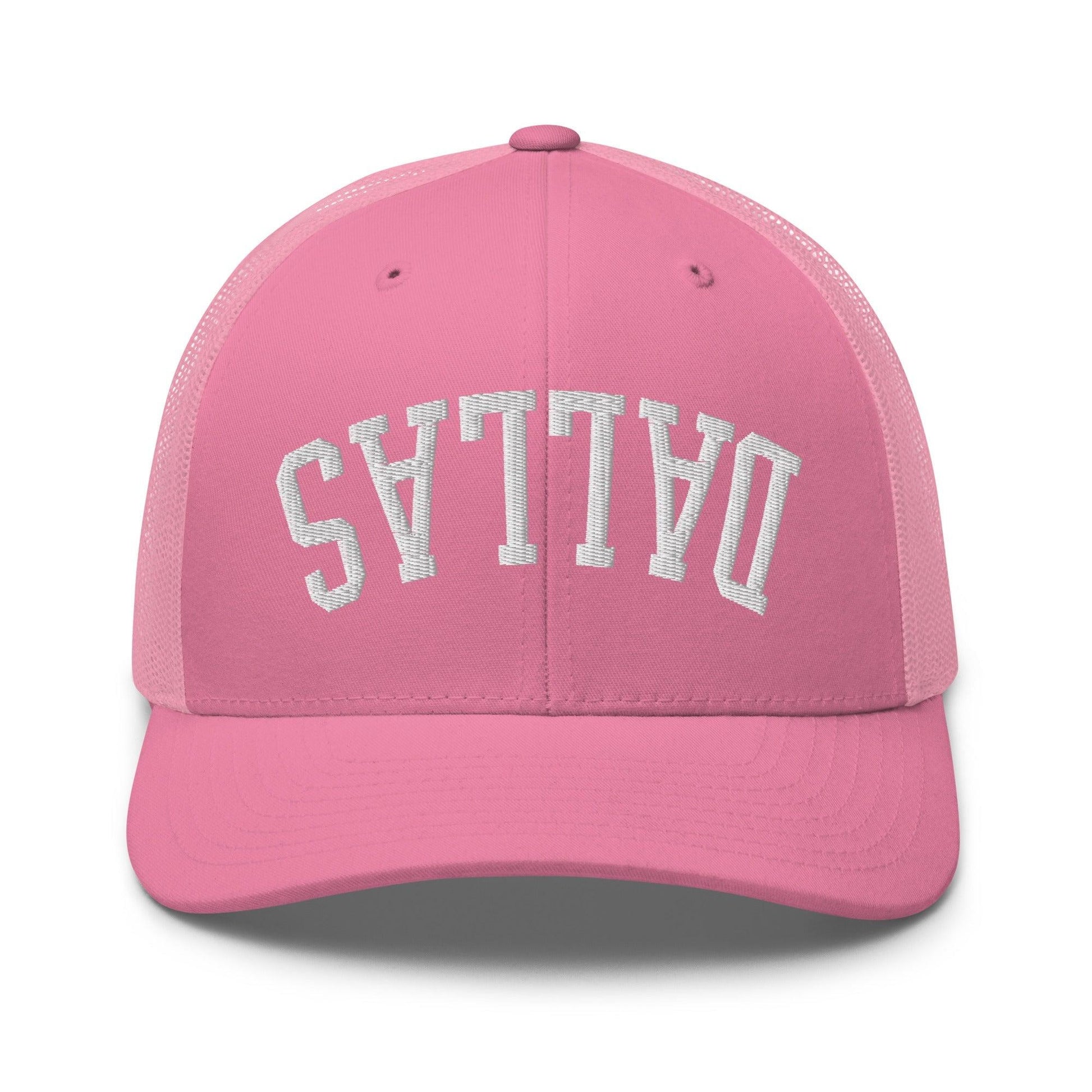 Upside Down Dallas Varsity Letterman Embroidered Mesh Trucker Hat - Pink