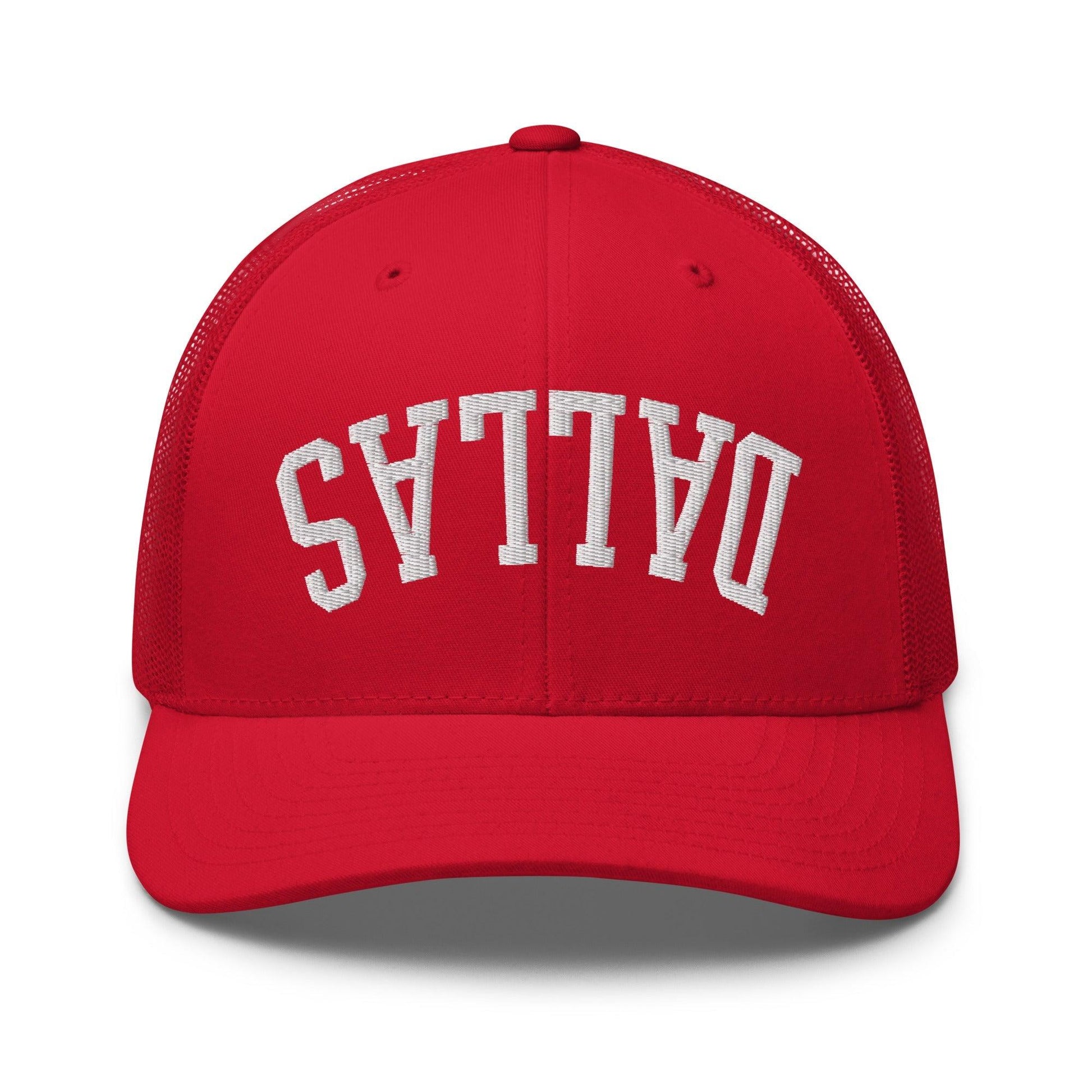 Upside Down Dallas Varsity Letterman Embroidered Mesh Trucker Hat - Red
