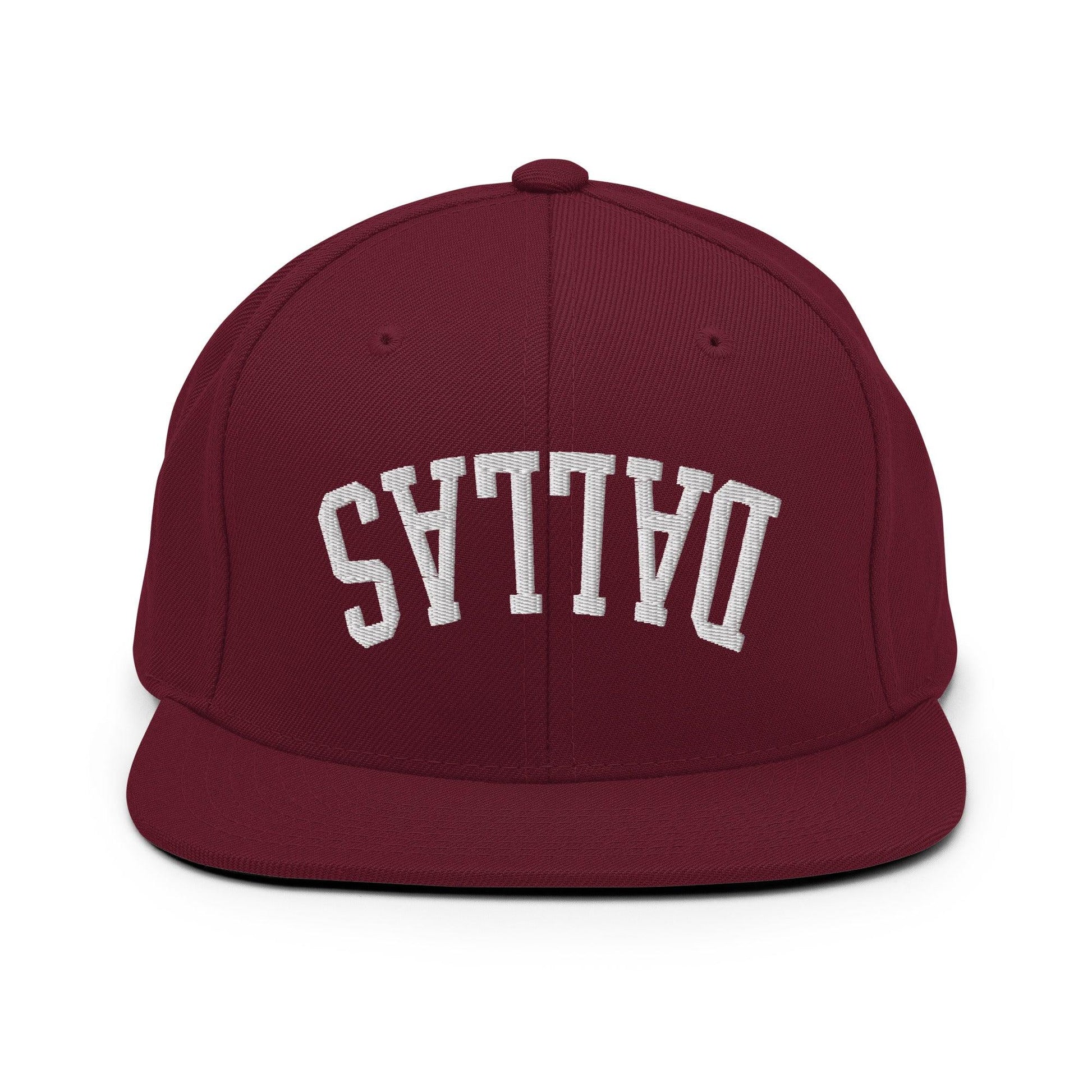 Upside Down Dallas Varsity Letterman Flat Bill Brim Snapback Hat - Maroon