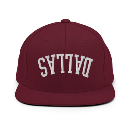 Upside Down Dallas Varsity Letterman Flat Bill Brim Snapback Hat - Maroon