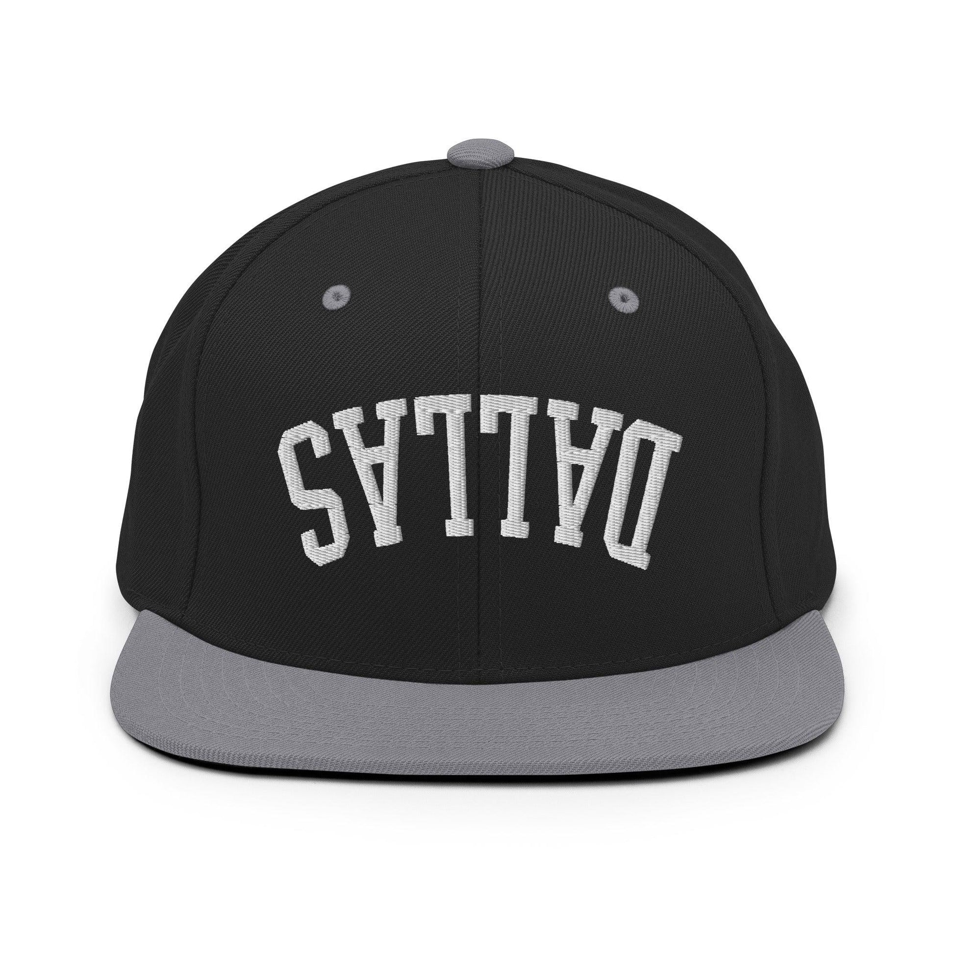 Upside Down Dallas Varsity Letterman Flat Bill Brim Snapback Hat - Black/ Silver