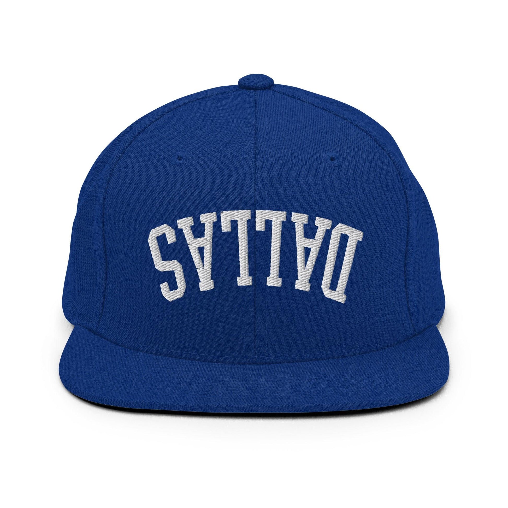 Upside Down Dallas Varsity Letterman Flat Bill Brim Snapback Hat - Royal Blue