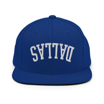 Upside Down Dallas Varsity Letterman Flat Bill Brim Snapback Hat - Royal Blue
