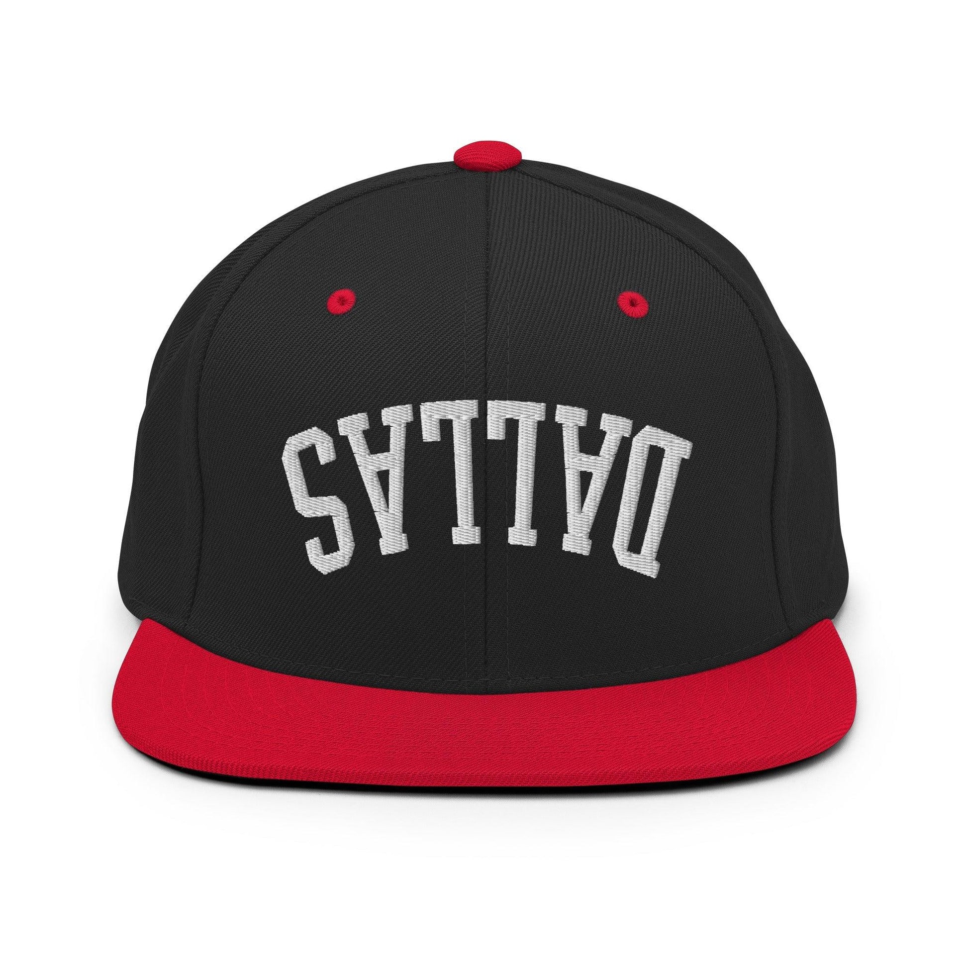 Upside Down Dallas Varsity Letterman Flat Bill Brim Snapback Hat - Black/ Red