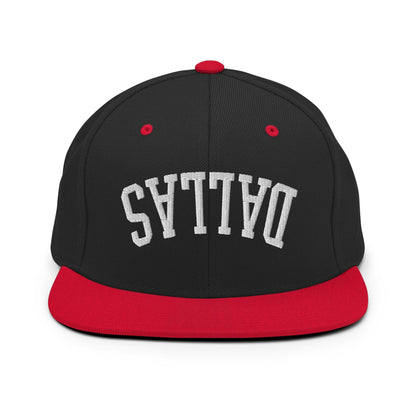 Upside Down Dallas Varsity Letterman Flat Bill Brim Snapback Hat - Black/ Red