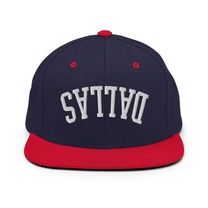 Upside Down Dallas Varsity Letterman Flat Bill Brim Snapback Hat - Navy/ Red