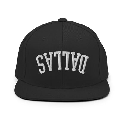 Upside Down Dallas Varsity Letterman Flat Bill Brim Snapback Hat - Black