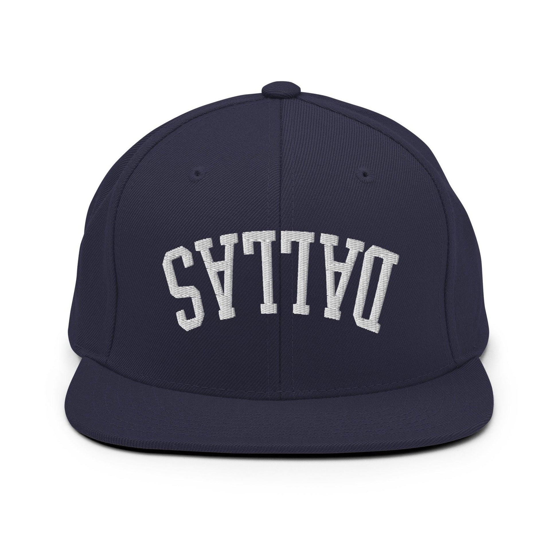 Upside Down Dallas Varsity Letterman Flat Bill Brim Snapback Hat - Navy