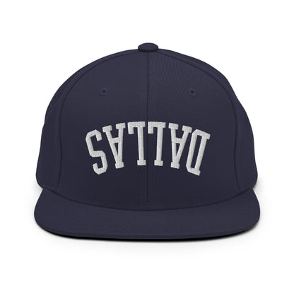 Upside Down Dallas Varsity Letterman Flat Bill Brim Snapback Hat - Navy