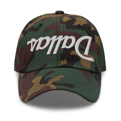 Upside Down Dallas Vintage Sports Script Embroidered Dad Hat - Green Camo