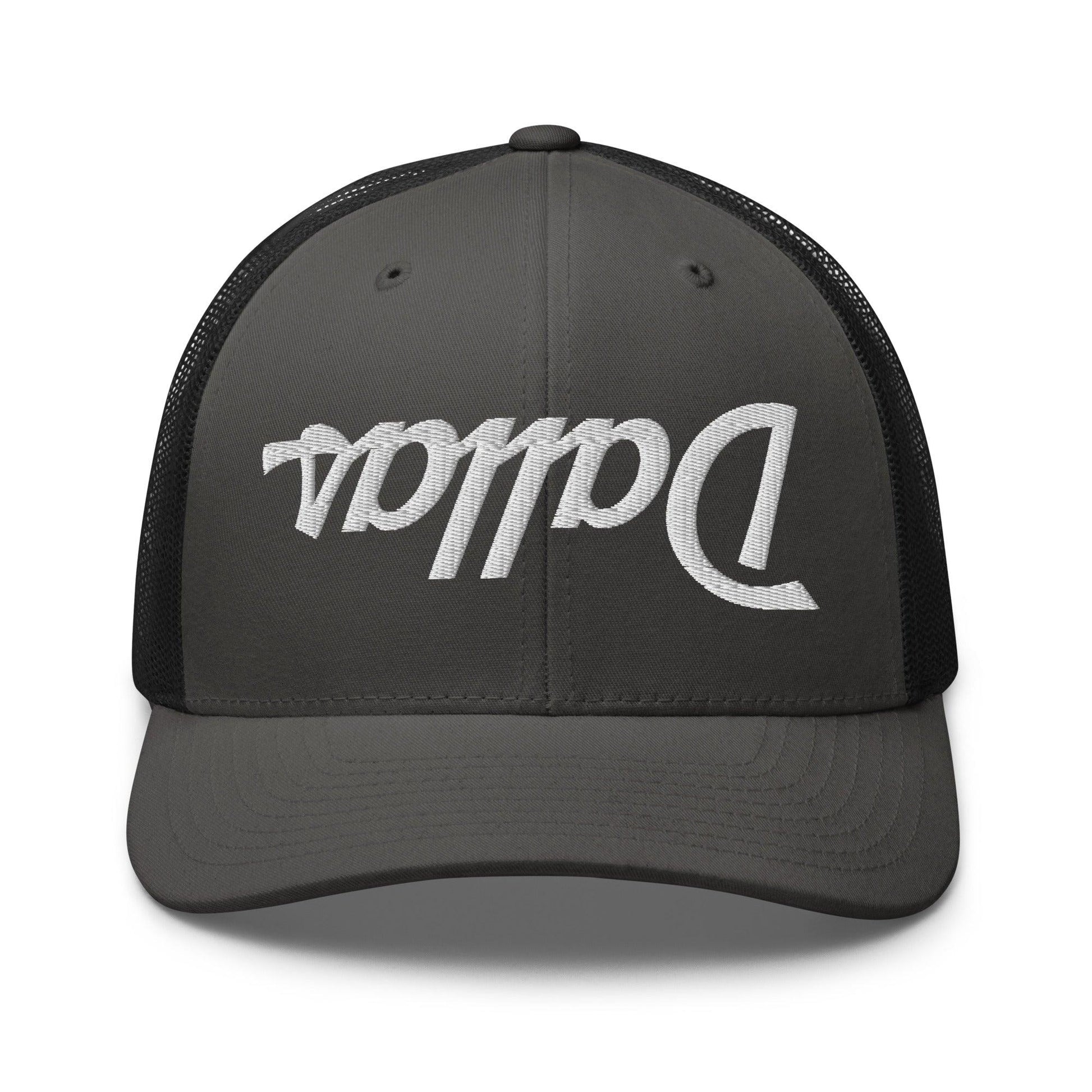 Upside Down Dallas Vintage Sports Script Embroidered Mesh Trucker Hat - Charcoal/ Black