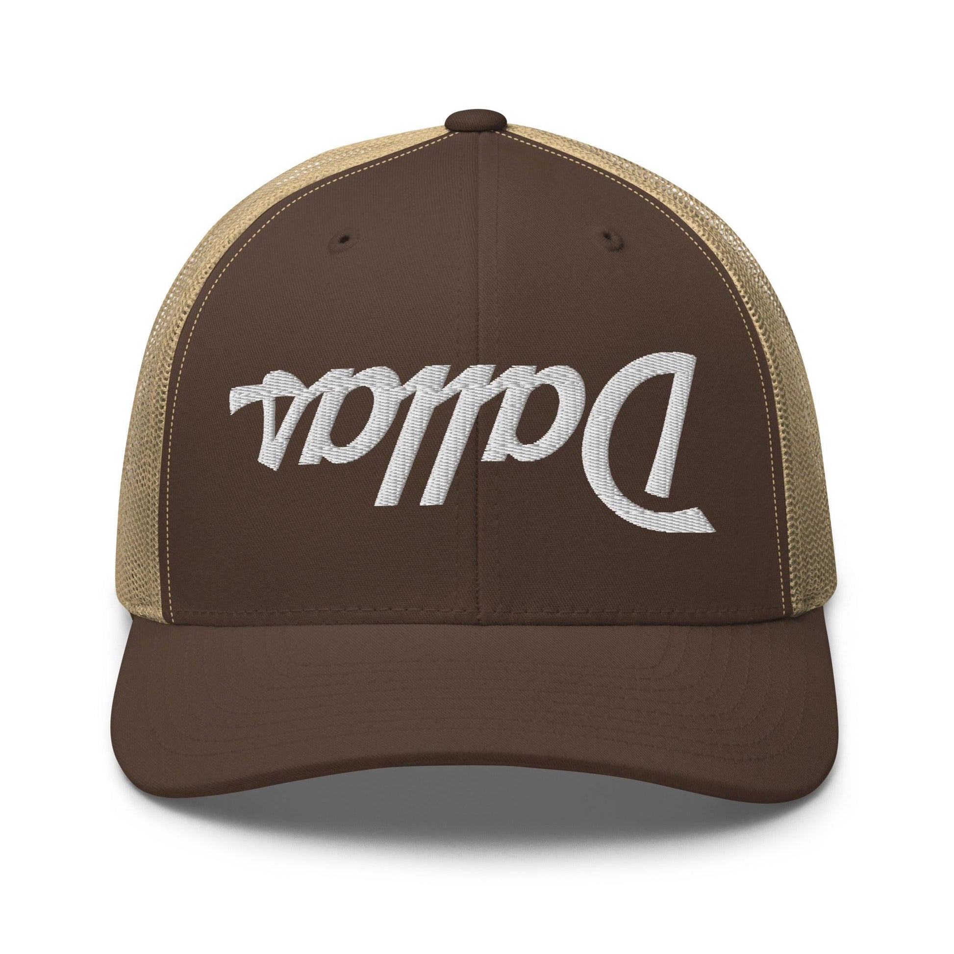 Upside Down Dallas Vintage Sports Script Embroidered Mesh Trucker Hat - Brown/ Khaki