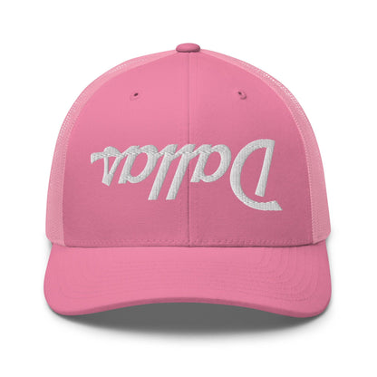 Upside Down Dallas Vintage Sports Script Embroidered Mesh Trucker Hat - Pink