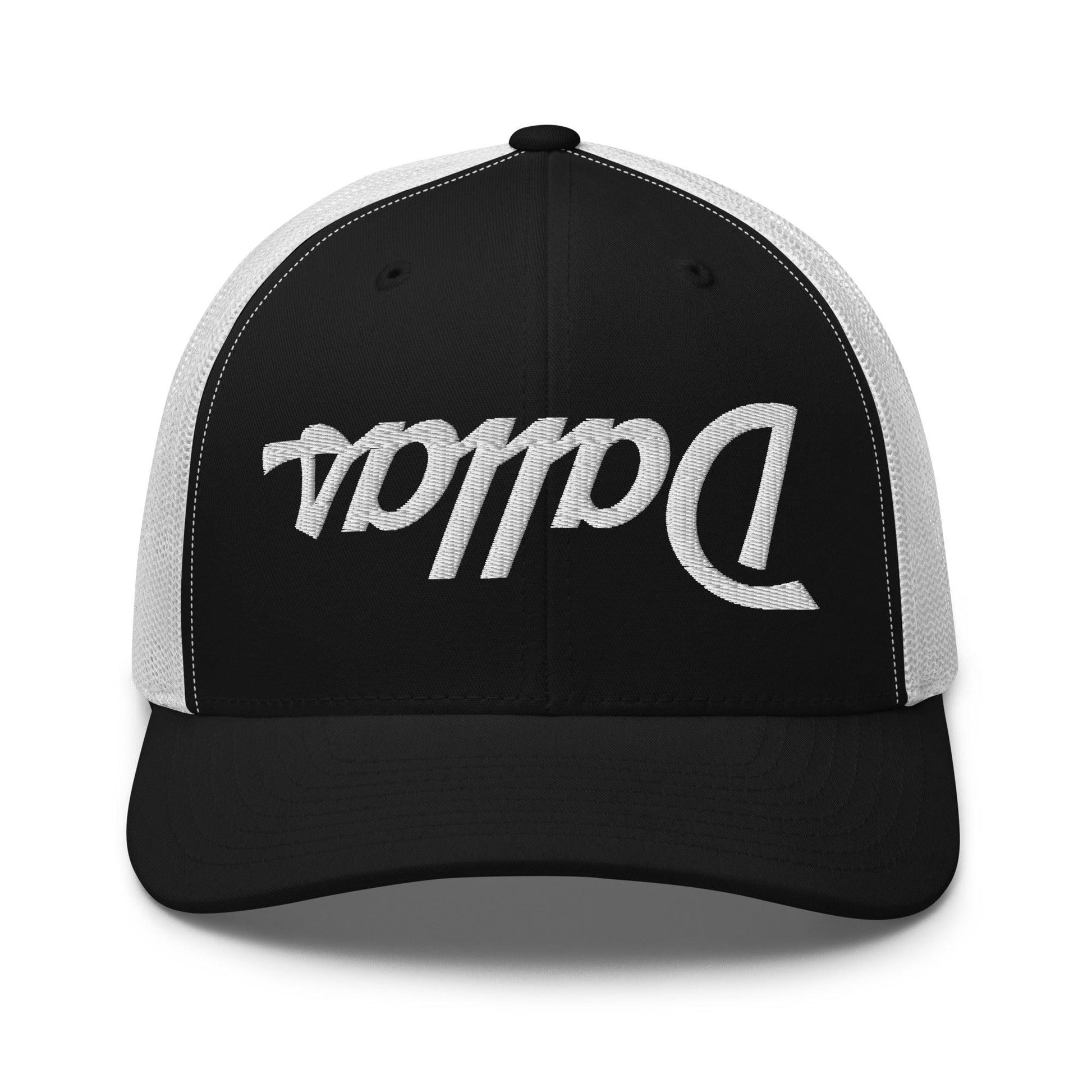 Upside Down Dallas Vintage Sports Script Embroidered Mesh Trucker Hat - Black/ White