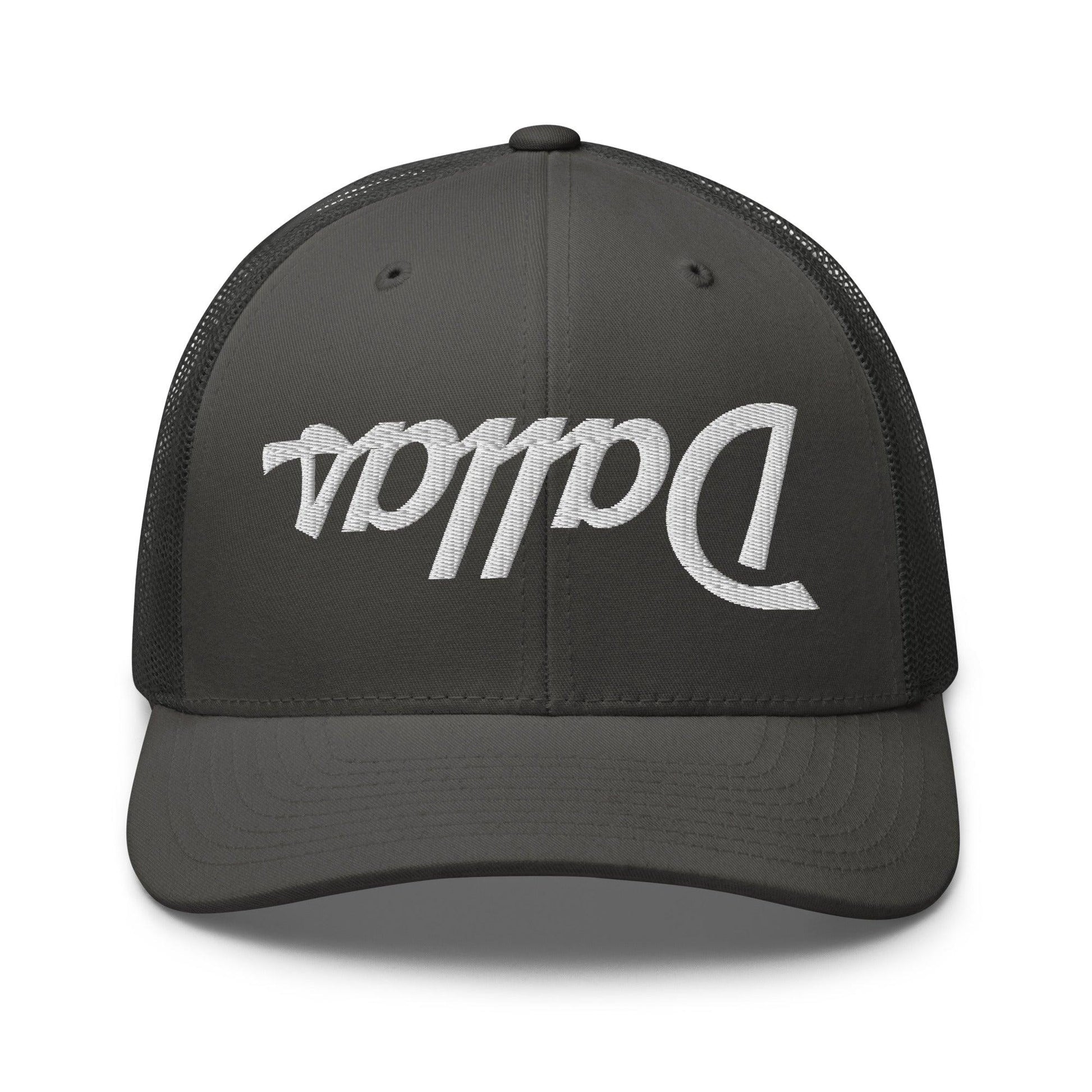 Upside Down Dallas Vintage Sports Script Embroidered Mesh Trucker Hat - Charcoal