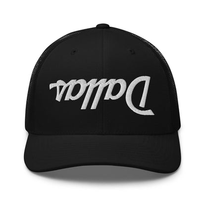 Upside Down Dallas Vintage Sports Script Embroidered Mesh Trucker Hat - Black