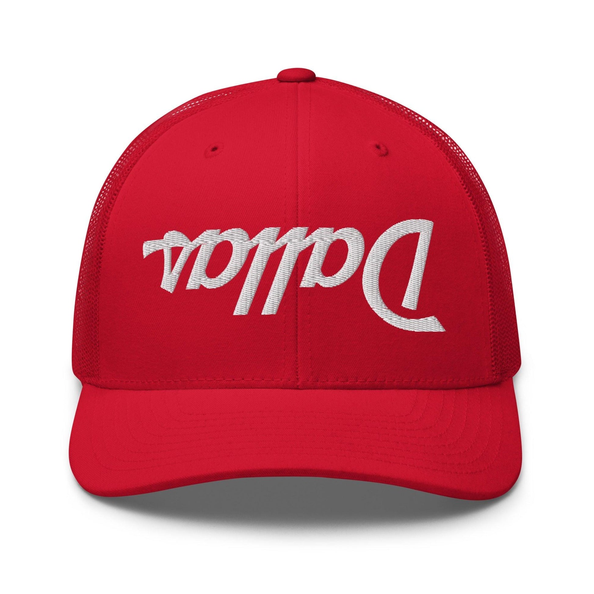 Upside Down Dallas Vintage Sports Script Embroidered Mesh Trucker Hat - Red