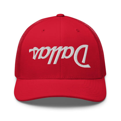 Upside Down Dallas Vintage Sports Script Embroidered Mesh Trucker Hat - Red