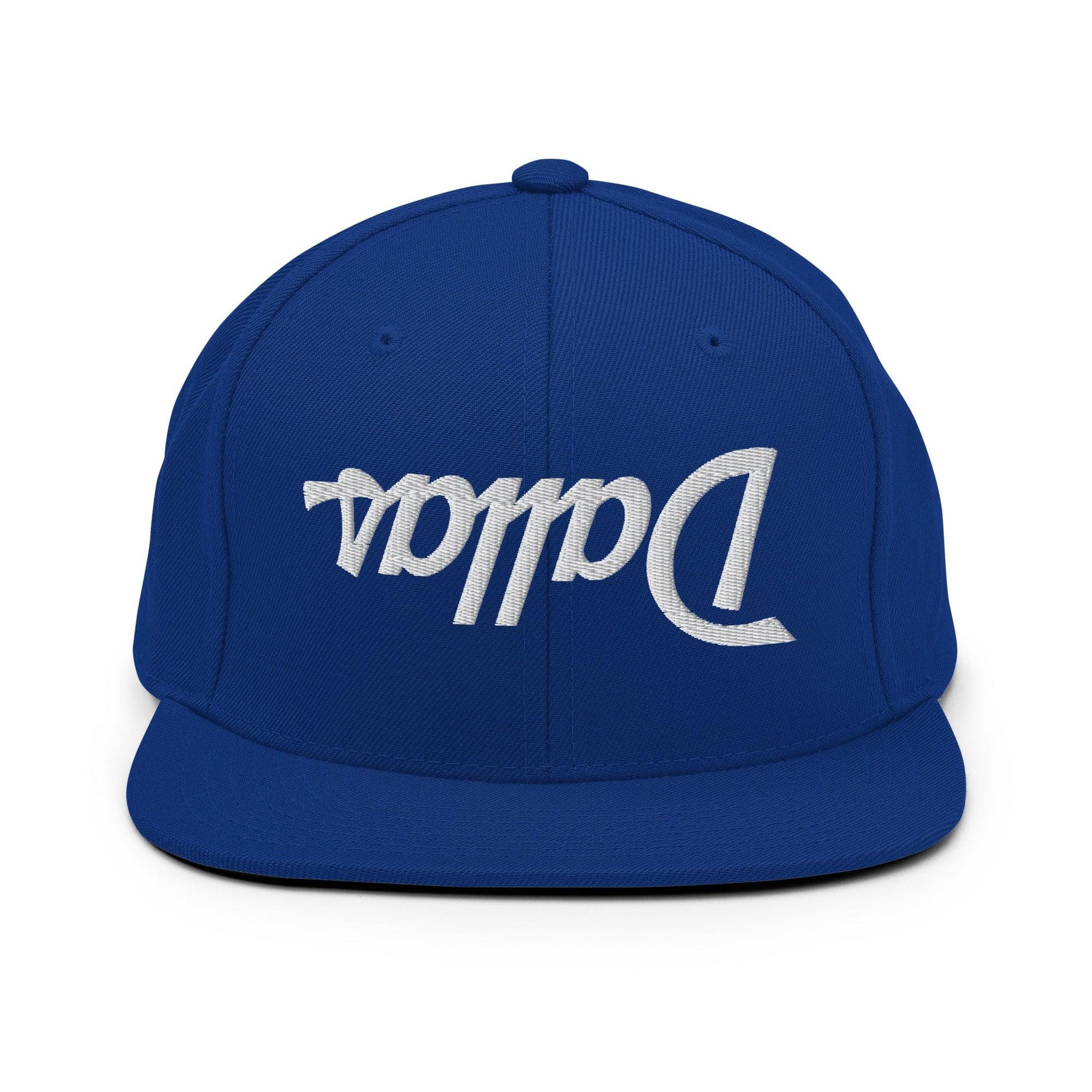 Upside Down Dallas Vintage Sports Script Flat Bill Brim Snapback Hat - Royal Blue