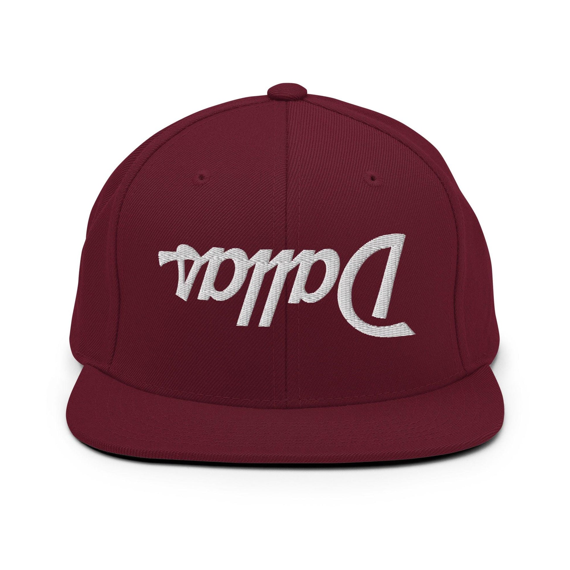 Upside Down Dallas Vintage Sports Script Flat Bill Brim Snapback Hat - Maroon