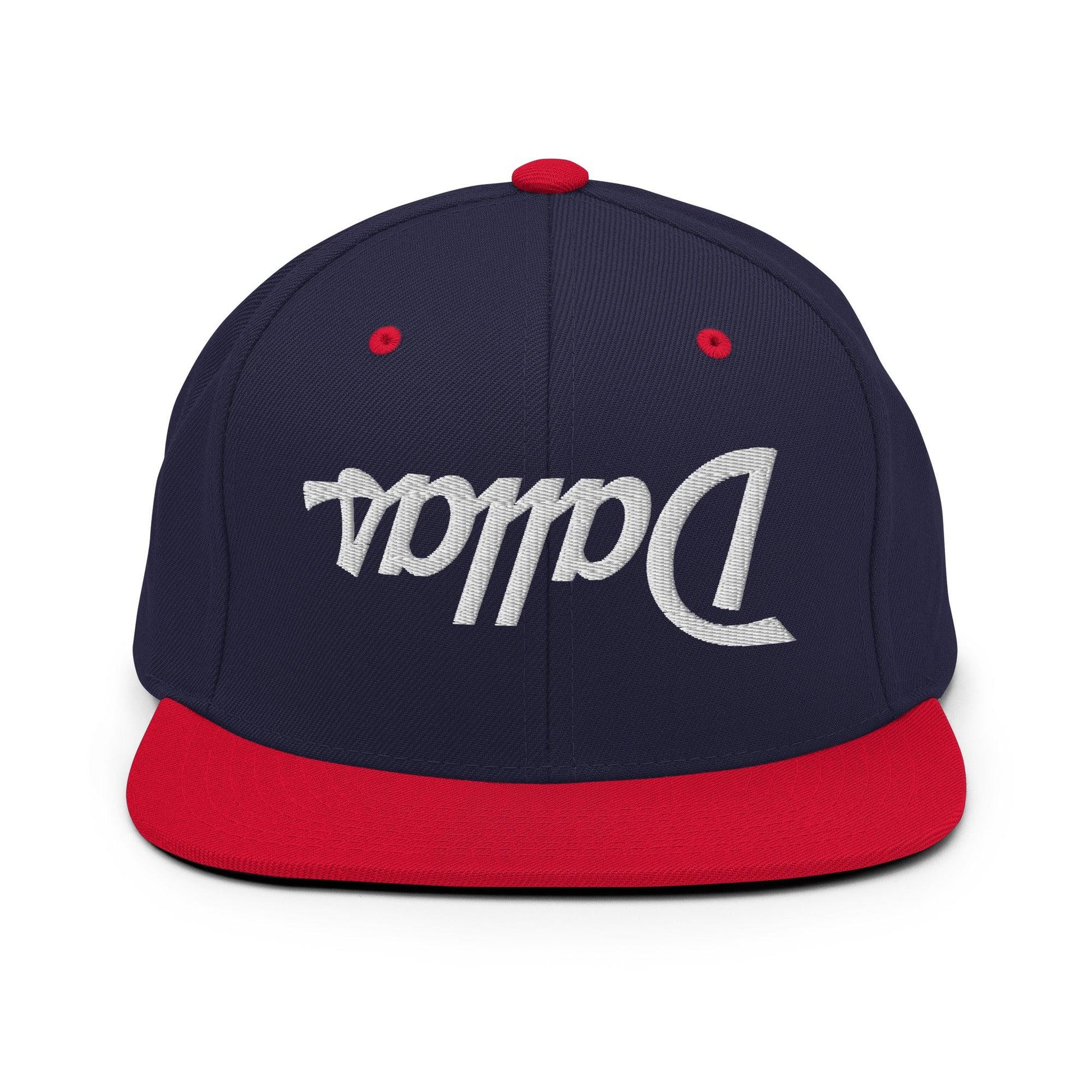 Upside Down Dallas Vintage Sports Script Flat Bill Brim Snapback Hat - Navy/ Red