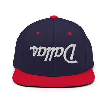 Upside Down Dallas Vintage Sports Script Flat Bill Brim Snapback Hat - Navy/ Red