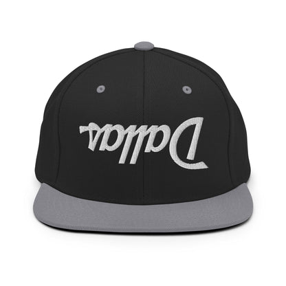 Upside Down Dallas Vintage Sports Script Flat Bill Brim Snapback Hat - Black/ Silver