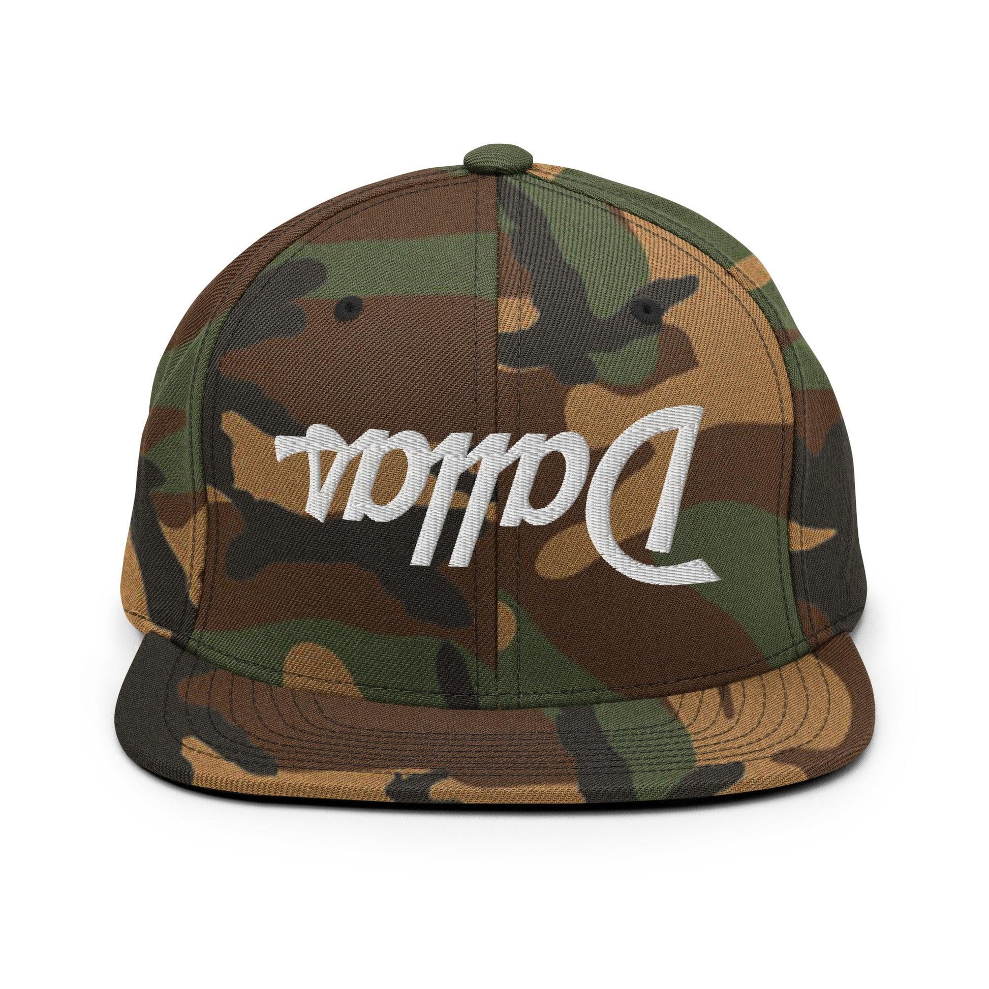 Upside Down Dallas Vintage Sports Script Flat Bill Brim Snapback Hat - Green Camo