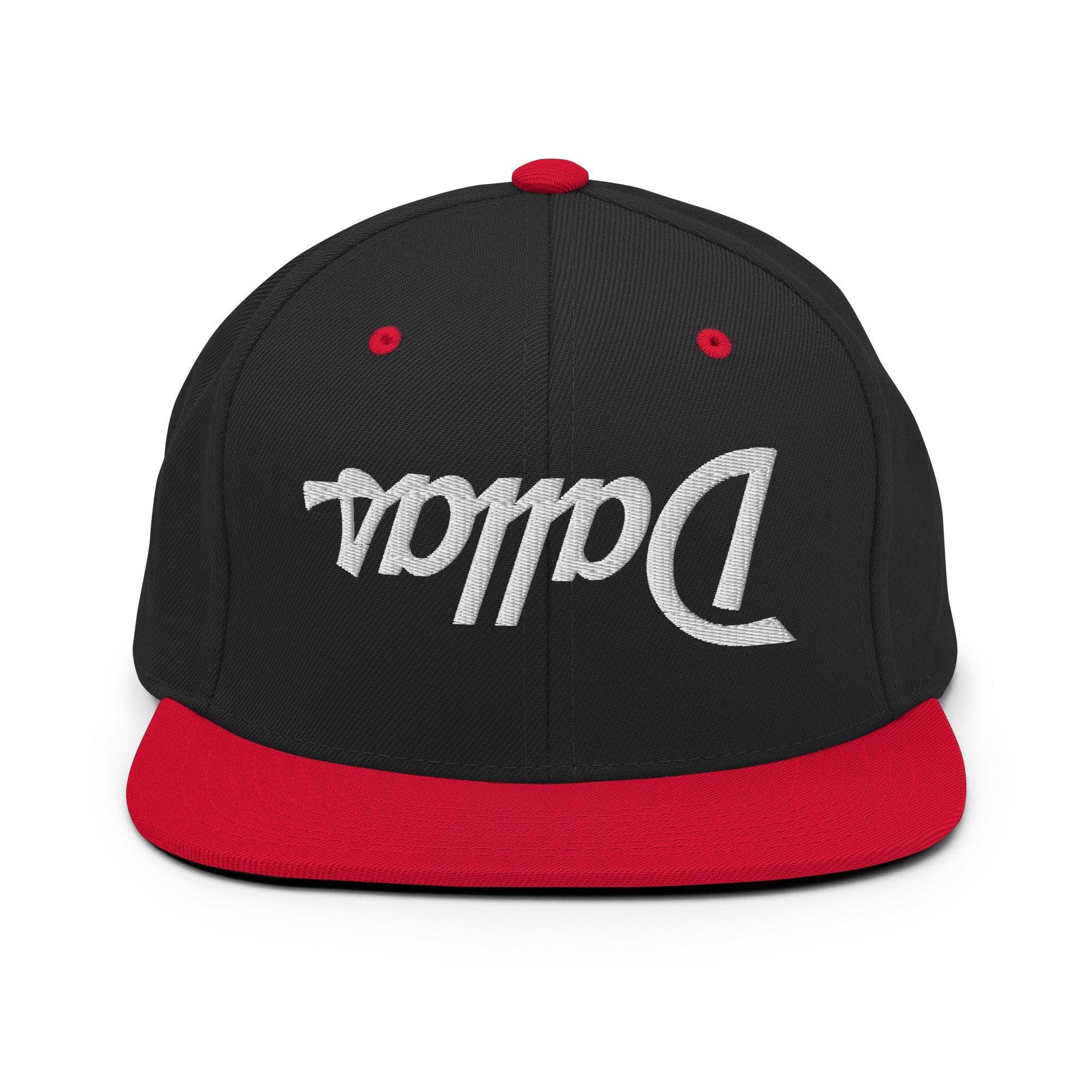 Upside Down Dallas Vintage Sports Script Flat Bill Brim Snapback Hat - Black/ Red