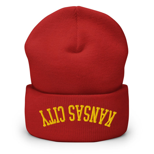 Upside Down Kansas City Football Embroidered Cuffed Knit Beanie