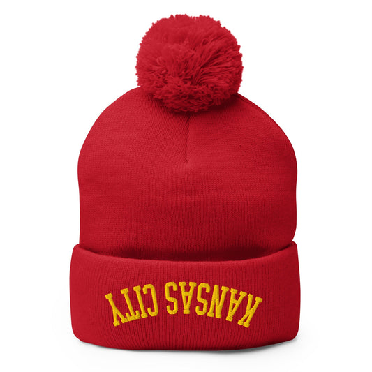 Upside Down Kansas City Football Embroidered Pom Knit Beanie