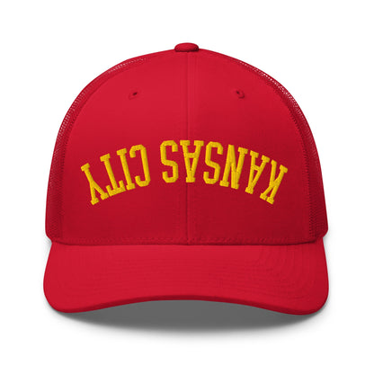 Upside Down Kansas City Football Embroidered Retro Mesh Trucker Hat