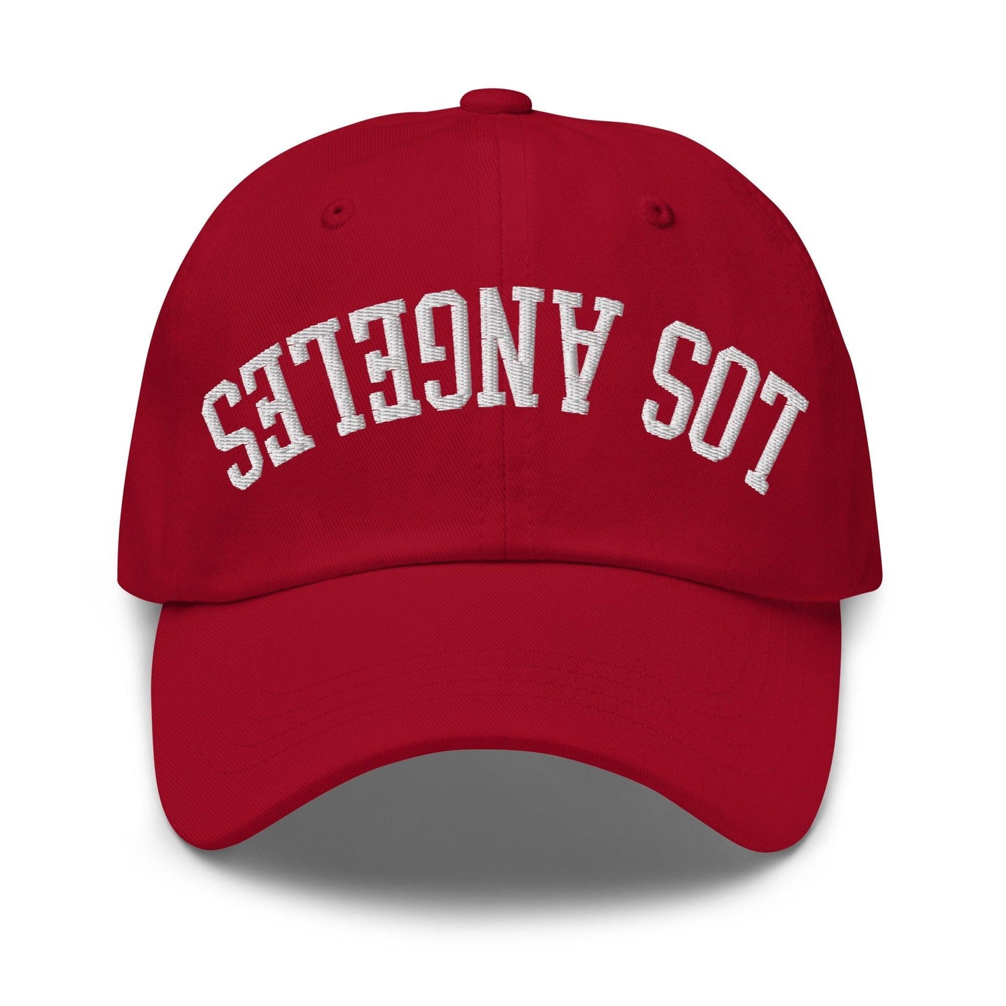 Upside Down LA Los Angeles Varsity Letterman Embroidered Dad Hat - Cranberry
