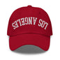 Upside Down LA Los Angeles Varsity Letterman Embroidered Dad Hat - Cranberry
