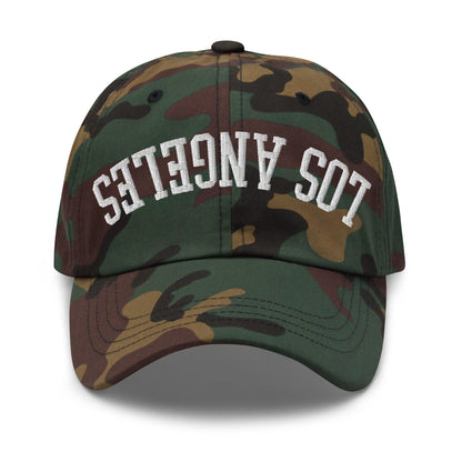 Upside Down LA Los Angeles Varsity Letterman Embroidered Dad Hat - Green Camo