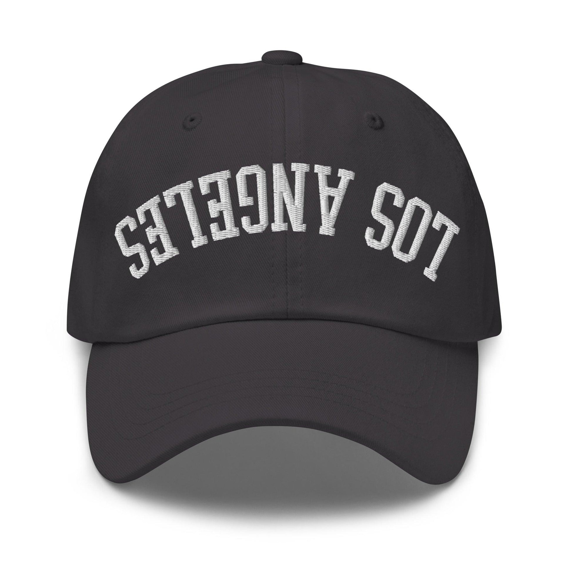 Upside Down LA Los Angeles Varsity Letterman Embroidered Dad Hat - Dark Grey
