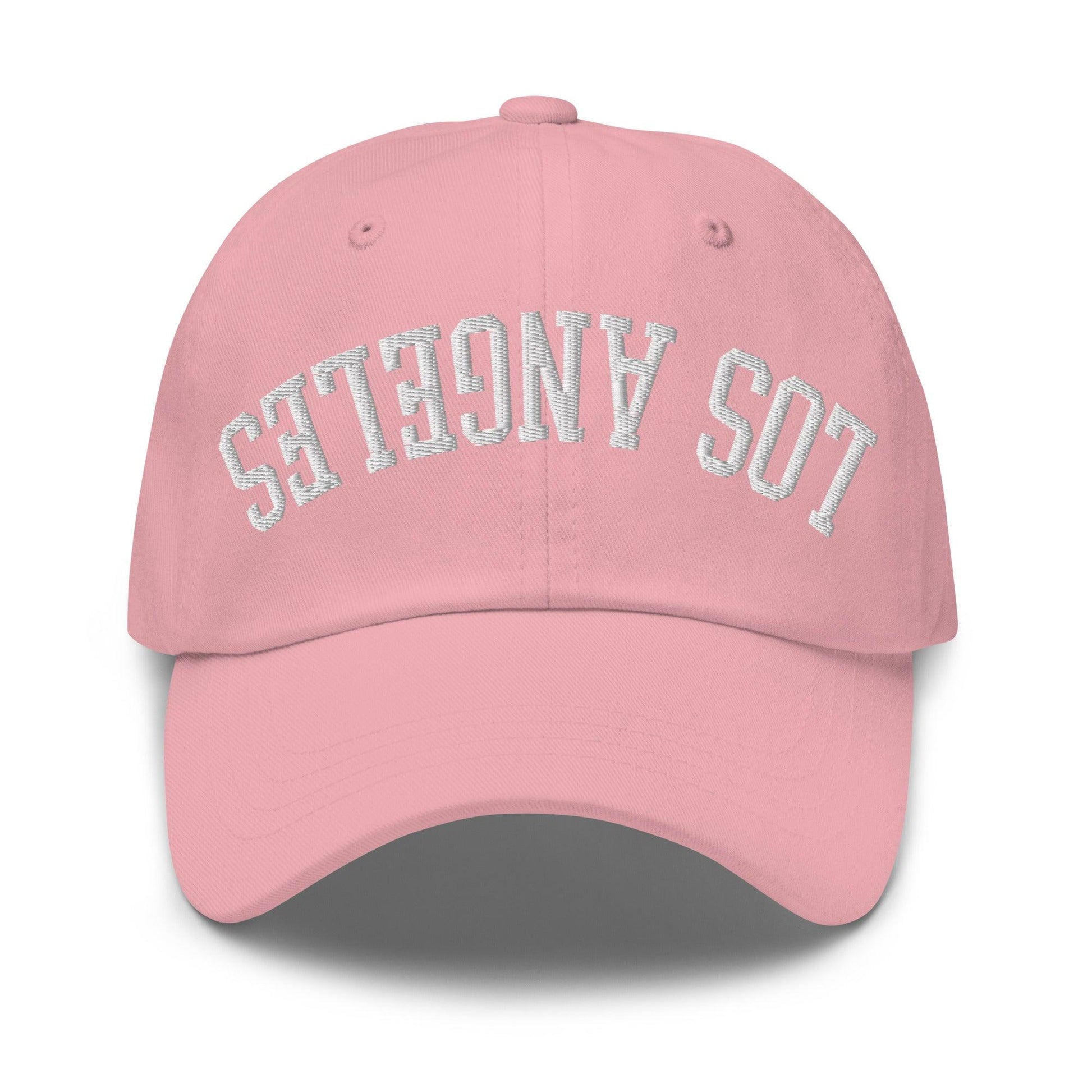 Upside Down LA Los Angeles Varsity Letterman Embroidered Dad Hat - Pink