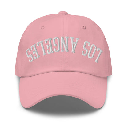 Upside Down LA Los Angeles Varsity Letterman Embroidered Dad Hat - Pink