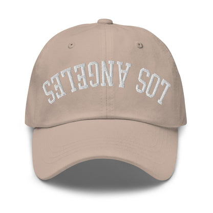 Upside Down LA Los Angeles Varsity Letterman Embroidered Dad Hat - Stone